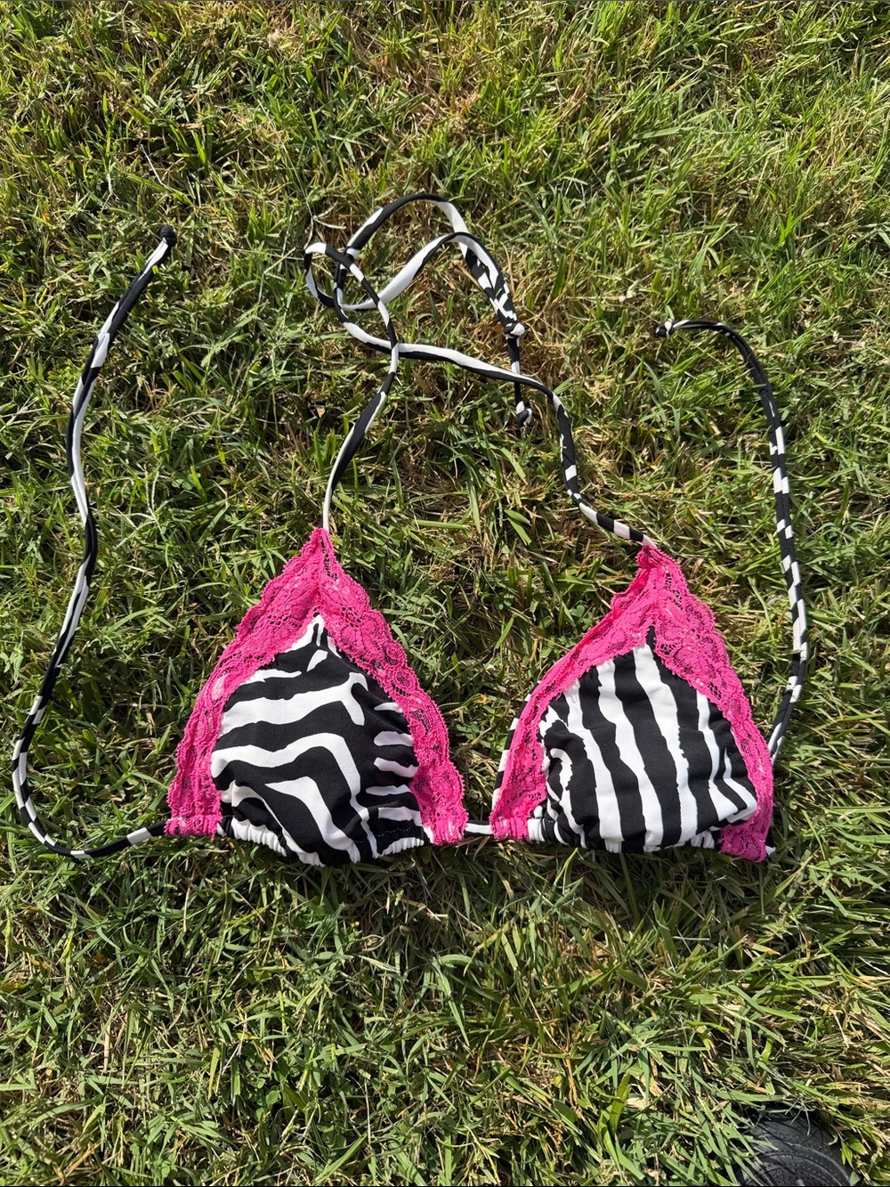 Beach Bunny Zebra Print Triangle Bikini Top with Pink Lace Trim